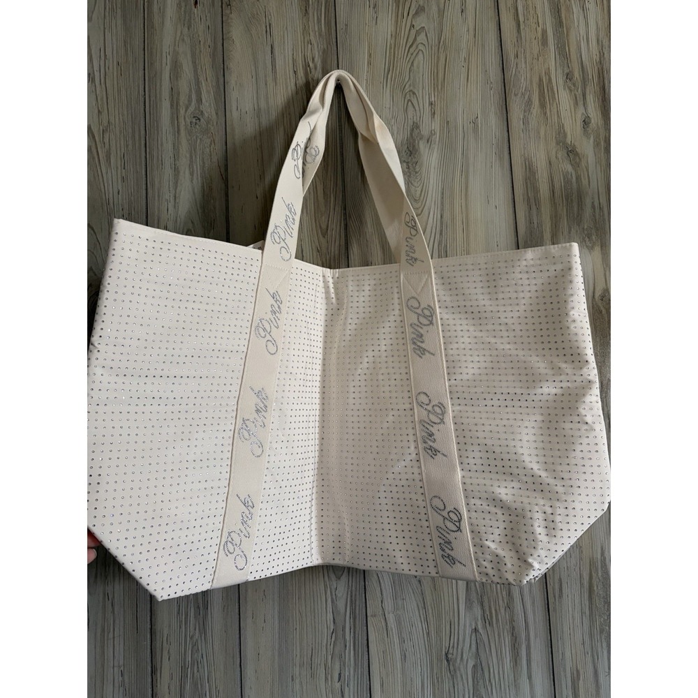 Victoria's Secret Pink Tote Bag White Rhinestone Sparkle Top Zip New With Tags